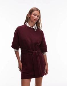 & Other Stories трикотажное мини-платье с поясом и широкими рукавами в бордовом цвете