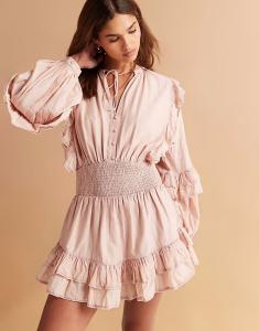 Мини-платье из вуали ASOS DESIGN с присборенной талией и оборкой по низу, выбеленного розового цвета