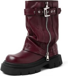 Женские ботинки YIYA с платформой, складным верхом, байкерского стиля, средней длины до икры, с пряжкой, квадратным носком, массивным каблуком, молнией, короткие мотоботинки для боевых действий, Burgundy