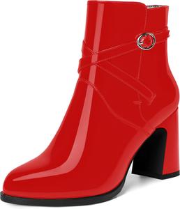 Женские ботильоны WAYDERNS с пряжкой, для свиданий, с круглым носком, лакированные, с ремешком на щиколотке, на устойчивом высоком каблуке 3,3 дюйма, Red