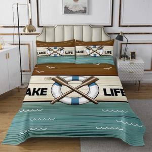 Erosebridal Комплект постельного белья Lake Life King в стиле кантри с мятно-зеленым и коричневым декором, Mint Green Brown White