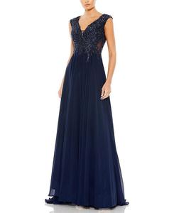 Платье с аппликацией, короткими рукавами и расклешенным подолом Mac Duggal, синий