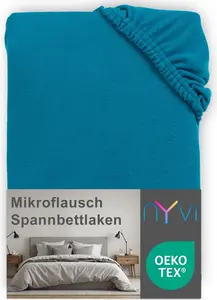 Простыня на резинке DreamScience Microfleece 180 - 200 x 220 см Petrol для кроватей с пружинным блоком шириной до 32 см - мягкая и согревающая простыня на резинке NYVI