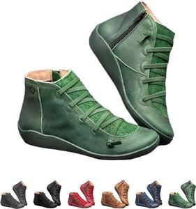 Женские винтажные повседневные короткие ботильоны до щиколотки, стильные ботинки средней высоты на осень-зиму 2025, с поддержкой свода, без каблука, с шнуровкой и боковой молнией, ретро-кожаные ботильоны Generic, Green