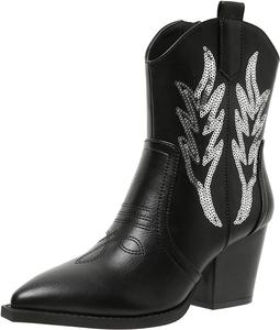 Женские западные ковбойские ботильоны ZBYY, вышитые, с заостренным носком, массивным каблуком и молнией, стильные западные ботильоны, Black