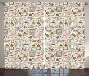 Шторы ABAKUHAUS Vintage Rustic, с кофемашиной для приготовления кофе эспрессо, универсальные, для гостиной, с петлями и крючками, 280 x 225 см, светло-розовый, бежевый и умброво-коричневый Abakuhaus