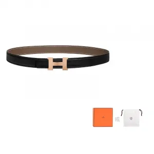 HERMES Миниатюрный кожаный ремень Констанс для женщин, Black/Elephant Gray