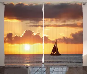 Штора ABAKUHAUS Океан Рустик, Лодка в море на фоне заката, присборенная штора из тесьмы для спальни с петлями и крючками, 280 x 175 см, серый с бархатцами Abakuhaus
