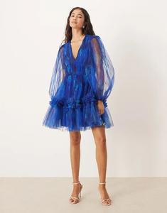 Мини-платье из органзы с кружевом и бусинами, рукавами-фонариками и размытым кобальтовым цветочным узором