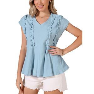 Блузка Casual с коротким рукавом и V-образным вырезом, свободного кроя, из льна Inspire Chic, Blue
