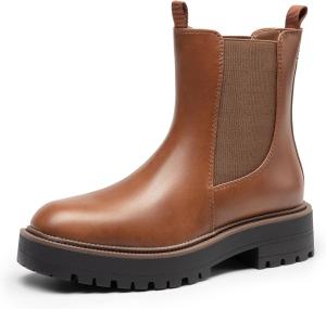 Женские ботильоны DREAM PAIRS Челси с квадратным носком, низким каблуком и платформой для осени, Brown-Pu