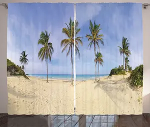 Шторы ABAKUHAUS Nature Scene Rustic, панорама кубинского пляжа, универсальные ленточные шторы для гостиной с петлями и крючками, 280 x 225 см, потолочный синий, экрю и зеленый Abakuhaus