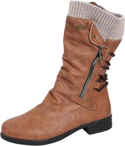 Женские сапоги до середины голени 2025 зима, винтажные, сзади на молнии, с шнуровкой, на низком каблуке, ковбойские сапоги из искусственной кожи, походные сапоги TXGMNA, Brown