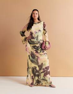 Платье макси из сетки ASOS DESIGN Curve с длинными рукавами, двойными завязками сзади, с принтом зеленого и желтого цветов ASOS Curve