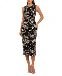 Вышитое бархатное платье миди без рукавов с высоким воротником Mac Duggal, мультиколор