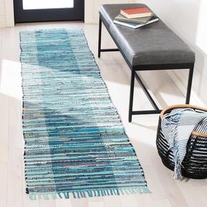 SAFAVIEH, 69 x 275 см, Ковер-дорожка Rag Rug Collection, Light Blue & Grey, ручной работы, богемная полоска, хлопок, идеально для помещений с высокой проходимостью в гостиной, спальне (RAR122M)