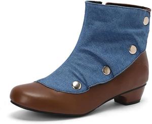 Женские ботильоны с круглым носком в ретро стиле с комфортным западным блок-каблуком, кожаные зимние ботинки для платья с боковой молнией Generic, Brown