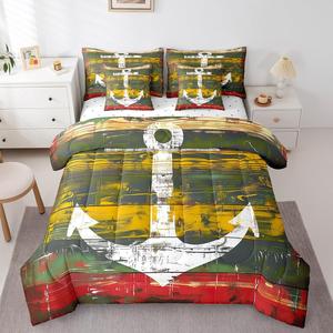 Erosebridal Комплект постельного белья Boat Anchor King в морском стиле с желто-красным принтом из деревянных планок, White Yellow Green Red