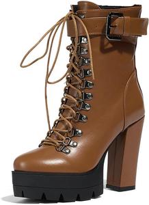 NXNBHSL Женские кожаные ботильоны на платформе с шнуровкой, массивным высоким каблуком, боковой молнией, декоративной пряжкой, круглый носок, нескользящий каблук-кубок, готические короткие ботинки, модные вечерние ботинки для платья