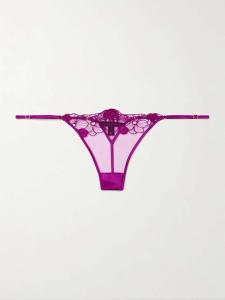 Трусики-Стринги из тюля с аппликацией и вышивкой, отделанные атласом фиолетового цвета Kiki De Montparnasse, фиолетовый