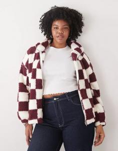 Noisy May Curve флисовая кофта с застежкой-молнией в бордовую клетку