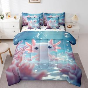 Erosebridal Комплект постельного белья 3D Axolotl Pink Kawaii с мультяшным саламандром, включает пододеяльник, простыни и наволочки, Pink Blue