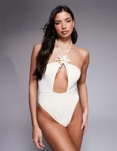 Купальник цвета слоновой кости с глубоким вырезом и цветочной фурнитурой ASOS DESIGN Marigold