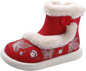 Детские ботинки с вышивкой, с меховой подкладкой, на щиколотку, в китайском стиле, с низким каблуком, противоскользящие, зимние для улицы, теплые Generic, Red
