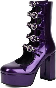 Ботинки UniqueStride в готическом стиле на платформе, средней высоты, с массивным каблуком, панк Mary Jane, готическая обувь для косплея, Purple Buckles
