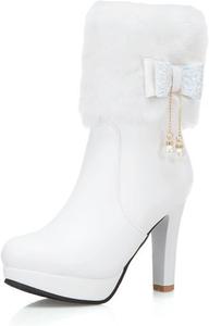 Женские зимние теплые ботильоны с бантом, искусственный мех на воротнике, круглый носок, платформа, толстый каблук, боковая молния и декор с жемчугом WOkismD, 37 White