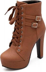 Женские ботильоны с высоким каблуком из кожи с толстой подошвой, зимние, женские свадебные туфли с круглым носком OXCOWNIU, Brown