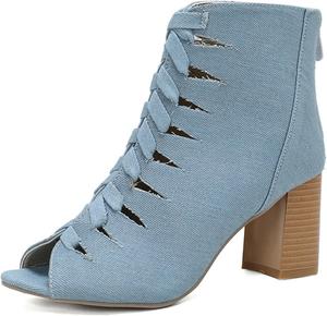 Женские ботильоны SACFOF с открытым носком, вырезами, джинсовой спинкой на молнии, высокие каблуки, сандалии с ремешком на щиколотке, нарядные вечерние сандалии