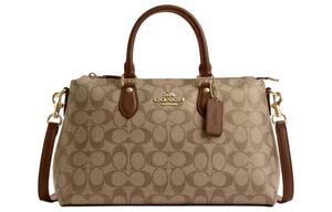 Плечевая сумка через плечо из лакированного холста с гладкой кожей женская цвета хаки и седло-коричневый COACH