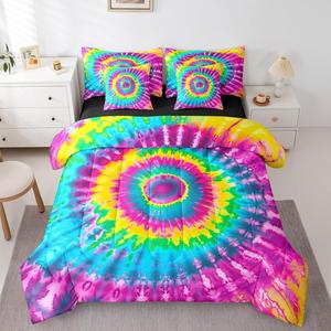 Erosebridal Комплект постельного белья Neon Tie Dye с геометрическим спиральным принтом, включает комфортер, простыни и наволочки, всесезонный декор, Pink Blue Yellow Green