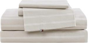 Tommy Hilfiger Комплект постельного белья односпальный, хрустящий и прохладный хлопковый перкаль, сертифицирован Oeko-Tex, бежевый в полоску