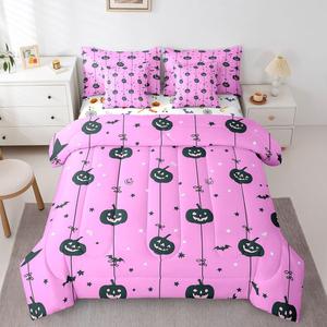 Erosebridal Комплект постельного белья Halloween Pumpkin King с веселым декором из тыкв в розово-черной цветовой гамме, Purple Pink