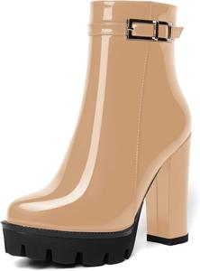 Женские ботильоны AMBELIGHT на платформе с круглым носком, однотонные, для вечеринки, с молнией, сексуальные, лакированные, массивный высокий каблук 12 см, Beige