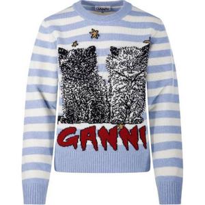 Полосатый свитер с принтом Cat GANNI, синий