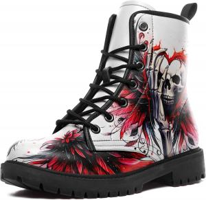 Унисекс готические панк-бутсы с черепом и розой, кожаные ботильоны на шнуровке для косплея, походов, мотоцикла и повседневной носки AWSOLE, Red Heart White Black