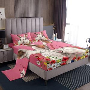 Erosebridal Детский комплект постельного белья Gray Rabbit с цветочным принтом и кроликами, Pink Red White
