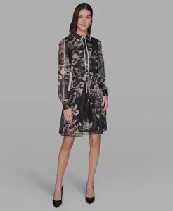 Женское платье-рубашка с принтом из плиссированного шифона и воротником Karl Lagerfeld Paris, черный