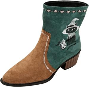 Женские ковбойские ботильоны на щиколотку, зимние кожаные с квадратным носком и широким каблуком, удобные короткие ботинки с модной вышивкой, боковой молнией, осенние платья, западные ботинки для женщин с широкой голенью Generic, Green-B