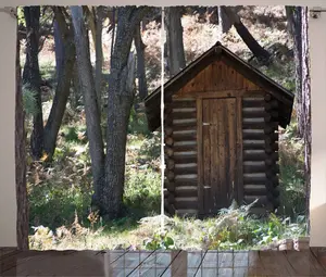 Штора для туалета ABAKUHAUS в деревенском стиле, Cottage Spring Woods, универсальная ленточная штора для гостиной с петлями и крючками, 280 x 245 см, темно-коричневый и зеленый Abakuhaus