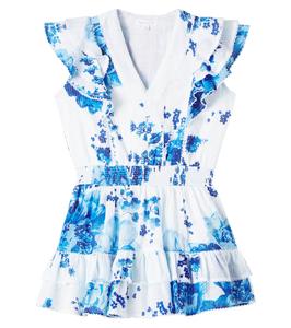 Платье Camila из хлопка с цветочным принтом и рюшами Poupette St Barth Kids, Blue Cottage