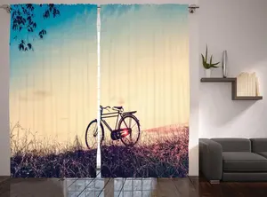 Шторы ABAKUHAUS Vintage Rustic, Sunset Bicycle Pastel, универсальные ленточные шторы для гостиной с петлями и крючками, 280 x 225 см, персиково-синий, черный Abakuhaus