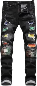 Мужские джинсы Crystal Stretch Denim с рваными деталями и цветными заплатками SIDUFHAOPKLL