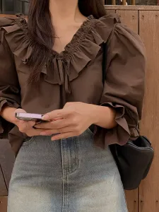 Блузка с оборками на воротнике и объемными рукавами, женская блузка Doux Belle, цвет Mocha