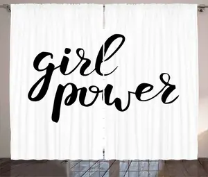 Штора ABAKUHAUS в деревенском стиле с надписью Girl Power на тему феминизма, присборенная штора для спальни с петлями и крючками, 280 x 245 см, черно-белая Abakuhaus