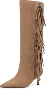 Женские сапоги Modatope до колена с каблуком-лодочкой, высокие сапоги с заостренным носком, Suede Camel