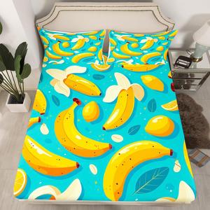 Erosebridal Комплект постельного белья Banana Print с желтыми бананами и лимонами в тропическом стиле, Blue Yellow